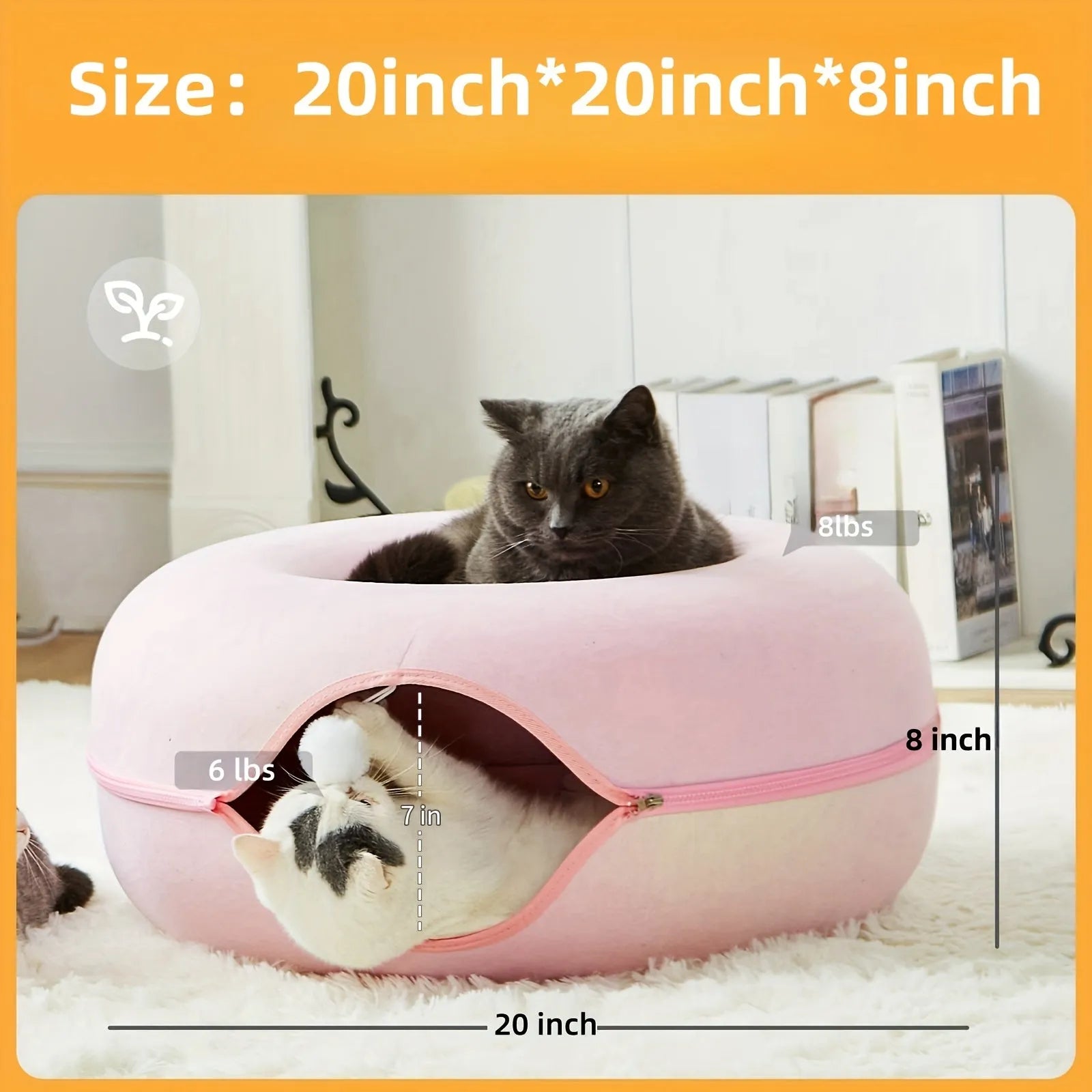 pink cat bed and tunnel measuring , featuring two cats—one resting on top and one playing inside the tunnel section