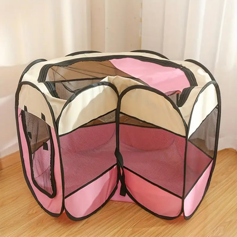 Stylish pink indoor cat cage with mesh panels, perfect for a cozy and secure playpen for your pets.