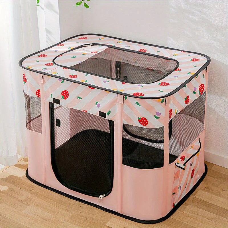 Pink cat house with a playful strawberry-themed design for indoor use.