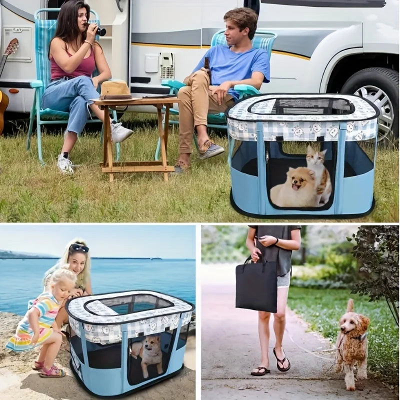 A couple camping with dogs in the pen, a woman and child at the beach with a small dog in the pen, and a woman carrying the folded pen while walking a dog.