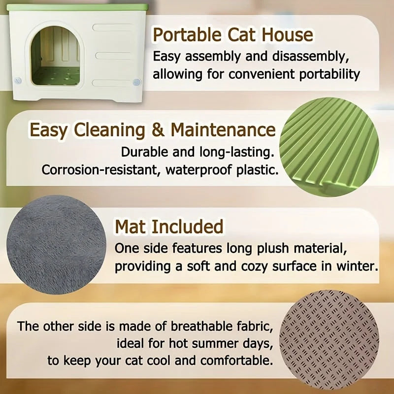 Portable plastic cat house featuring easy assembly and disassembly for convenient portability