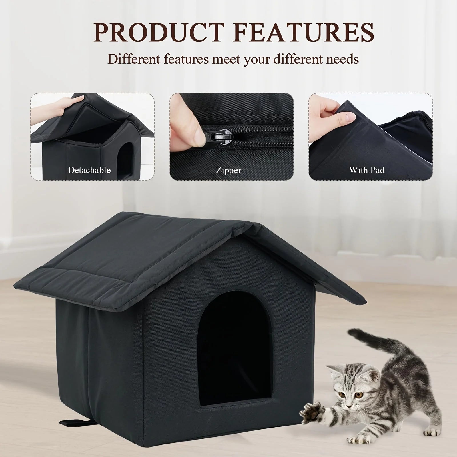 Product features of an insulated cat house for winter, including detachable design and added comfort.