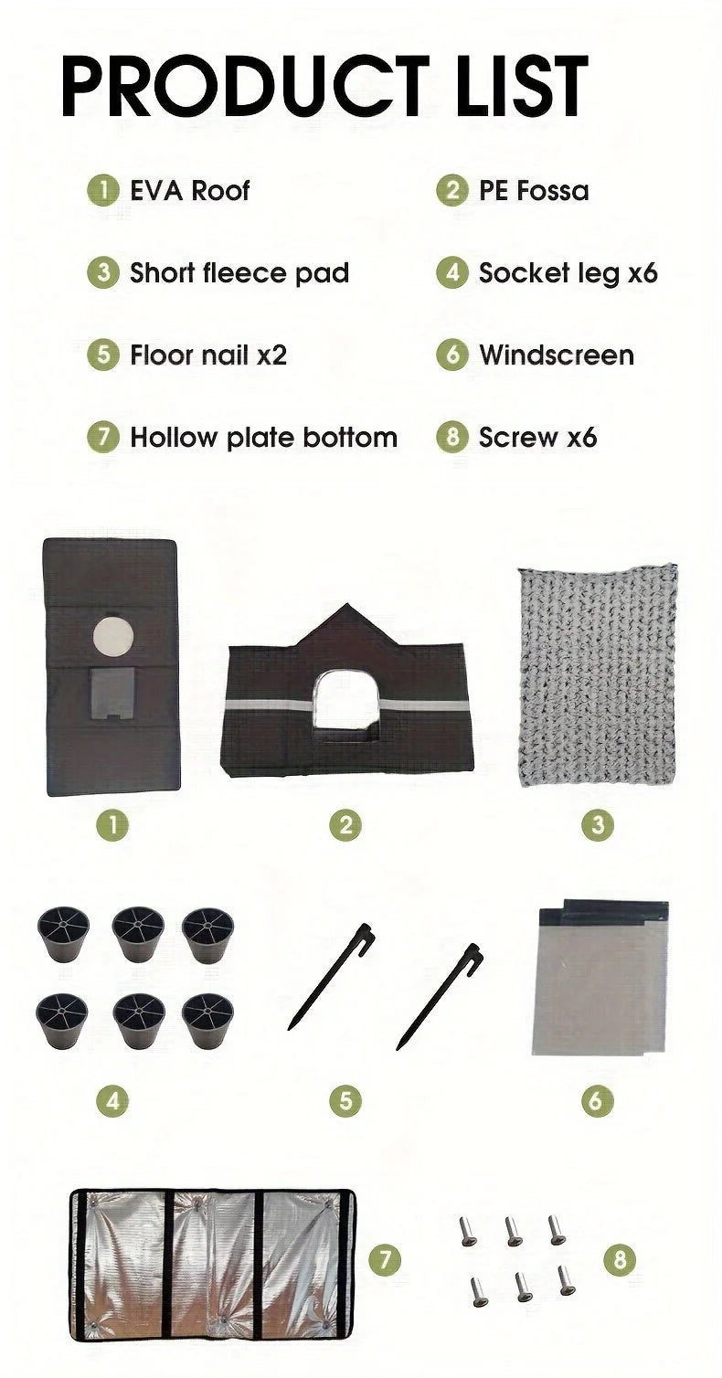 Product list showcasing components of an outdoor cat house for winter, including a roof, base, fleece pad, and tools