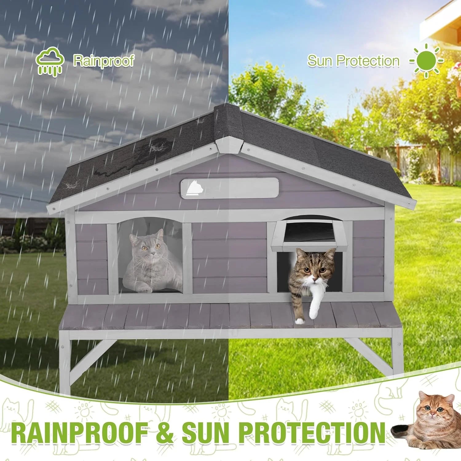 Rainproof and sunproof heated cat house for outdoor cats with two cozy entrances, ideal for all-weather protection.