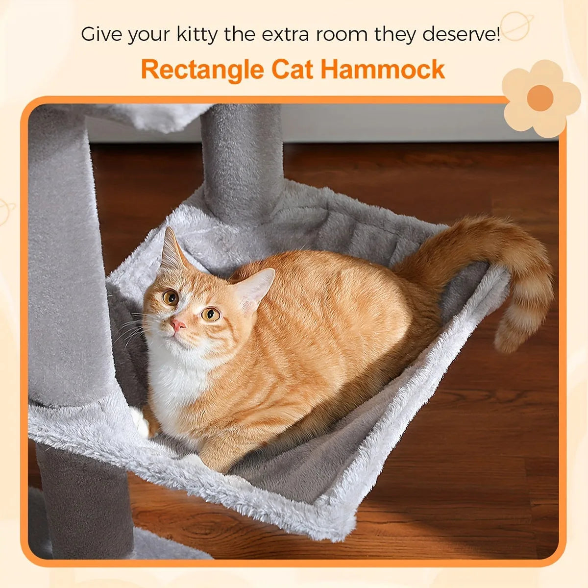 Orange cat relaxing in a rectangular hammock of the best cat condo, providing extra comfort and space.