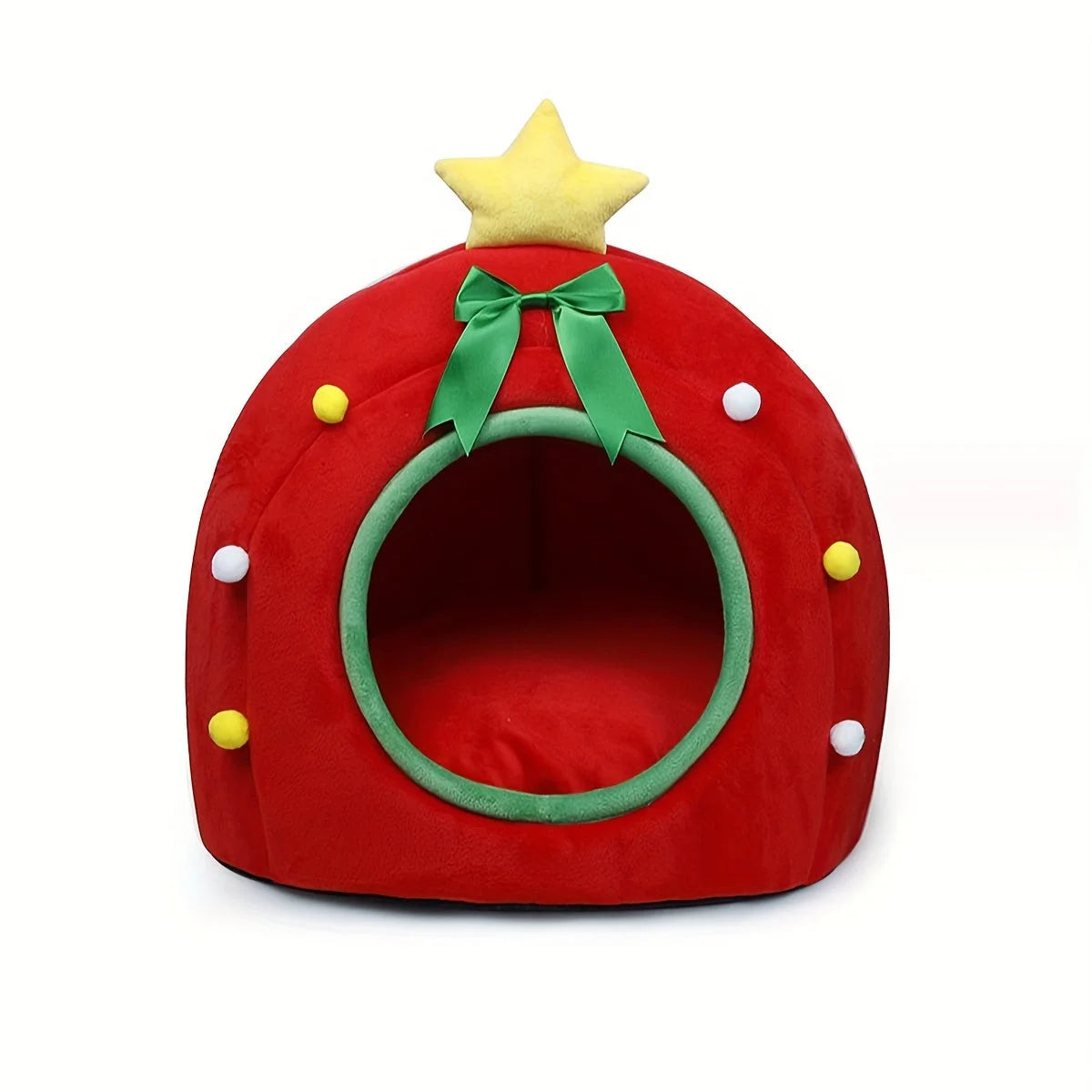 Red Christmas cat house with a yellow star and green bow, perfect for the holiday season.