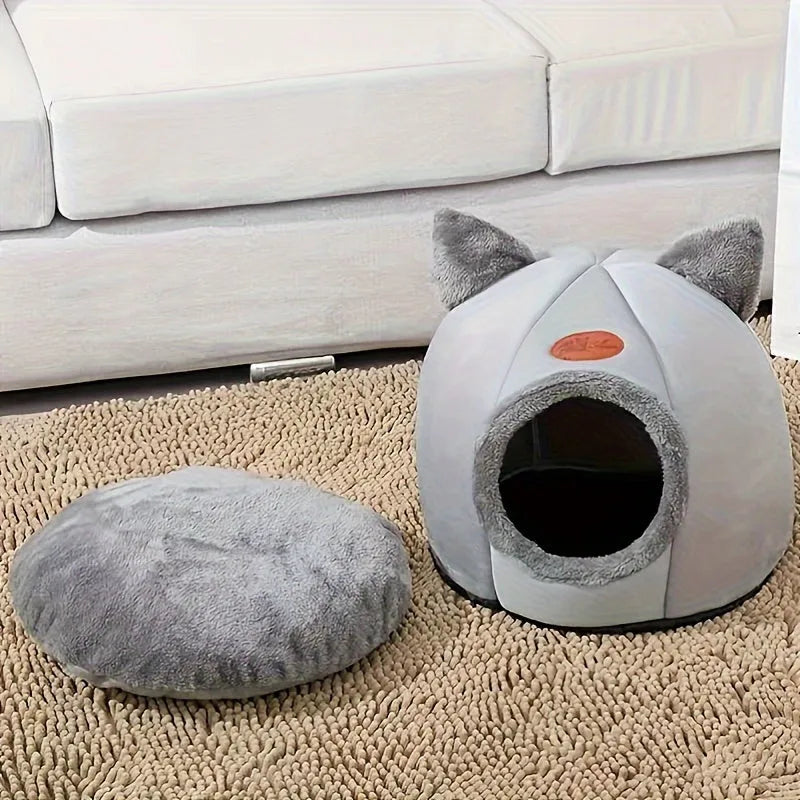 Indoor heated cat bed with a removable cushion displayed on a soft beige carpet.