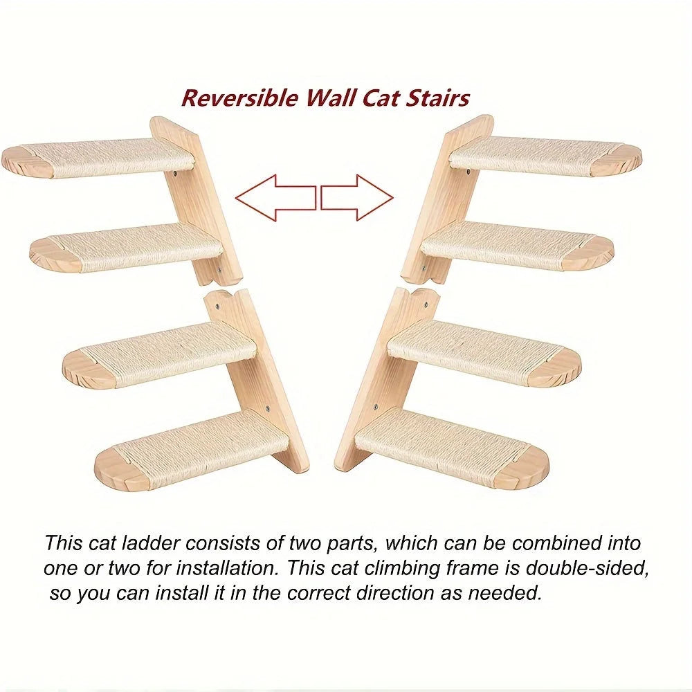 Reversible cat stairs on wall with dual installation options for adaptable positioning.