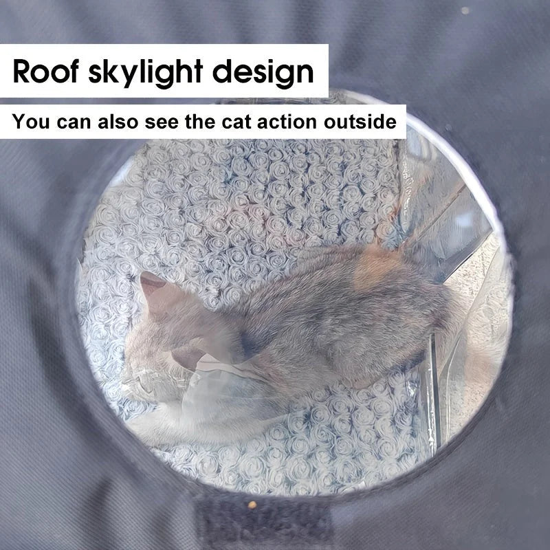 Roof skylight design of an outdoor cat house for winter, providing a clear view of the cat inside while ensuring warmth