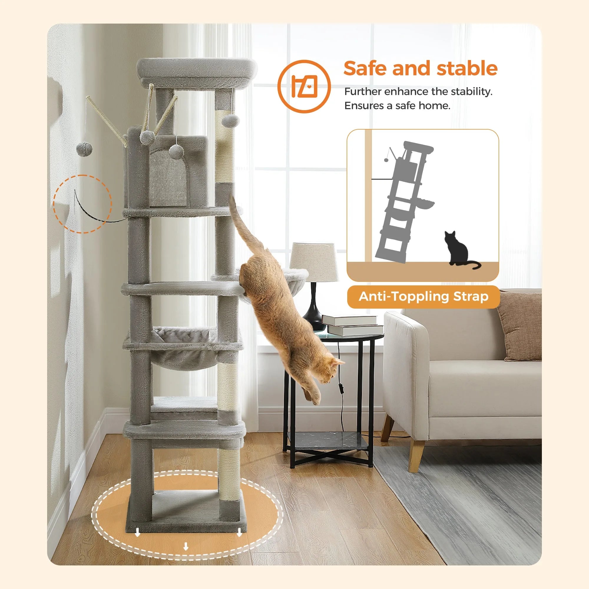 safe and stable cat condo for large cats with anti-toppling straps, ensuring a secure environment for play and rest.