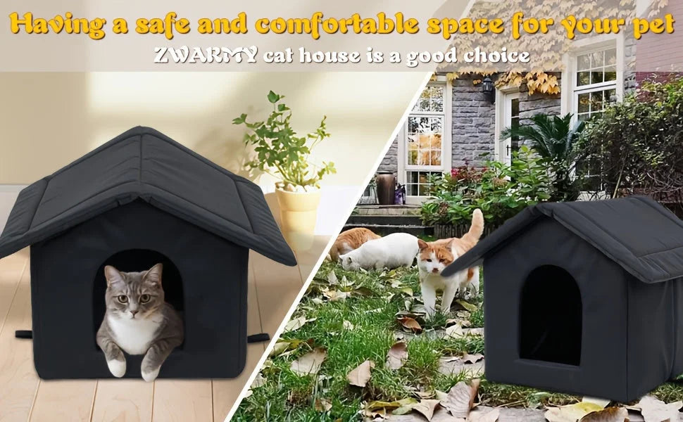 Safe and comfortable insulated cat house for winter, ideal for indoor and outdoor use.