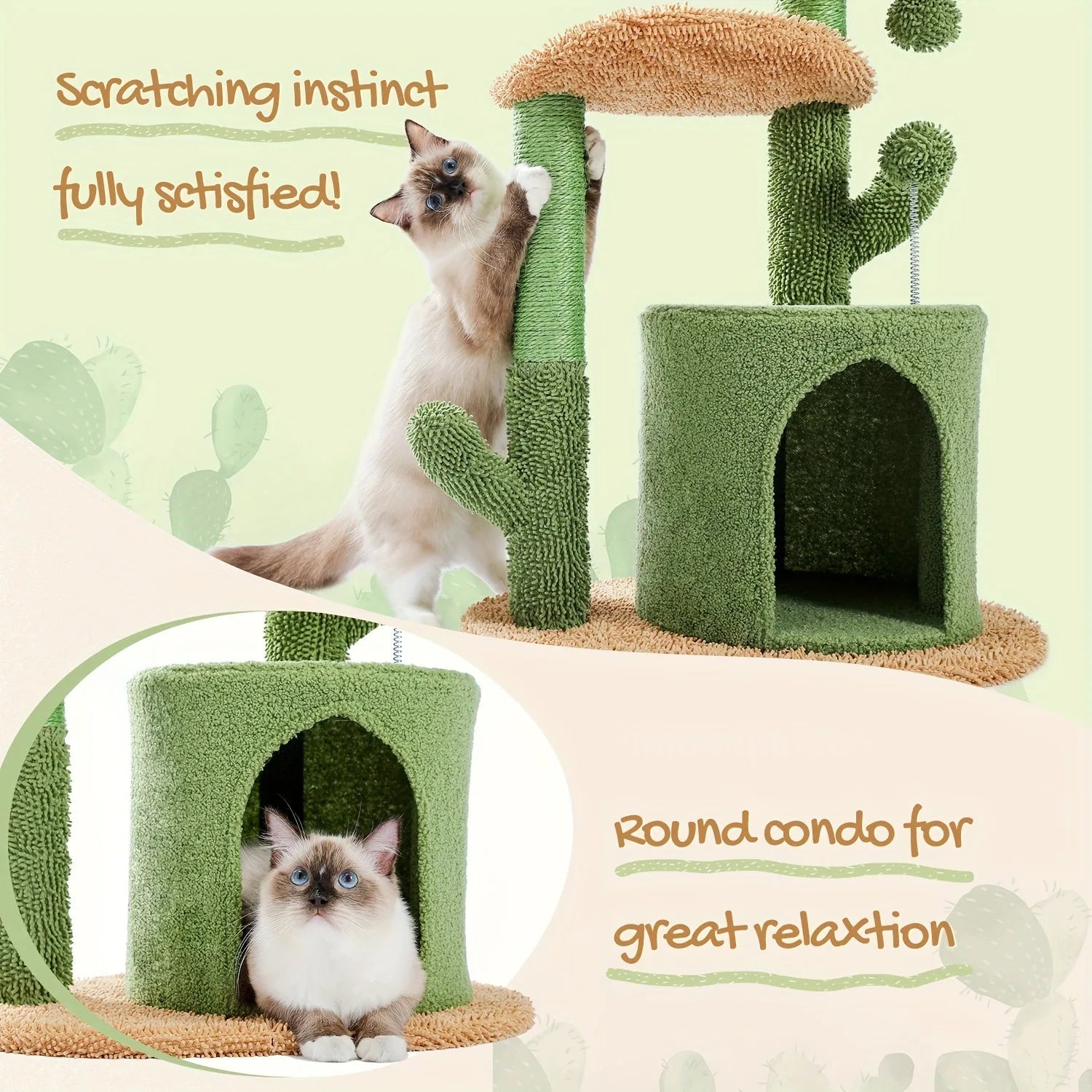 Cat satisfying its scratching instinct on a green scratching post with a cozy round condo, perfect for relaxation."