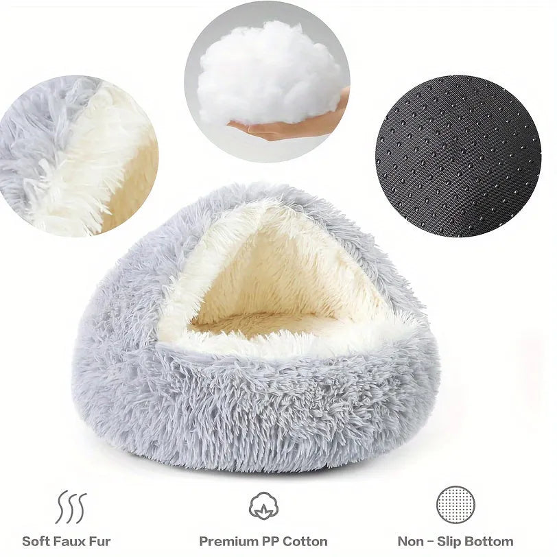 Close-up details of a gray self-heating cat bed featuring soft faux fur, premium PP cotton, and a non-slip bottom.