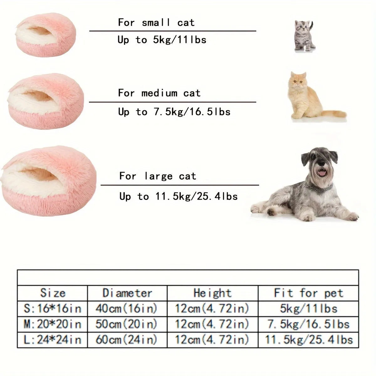 A detailed size chart for self-heating cat beds, showing dimensions and weight capacities for small, medium, and large sizes.