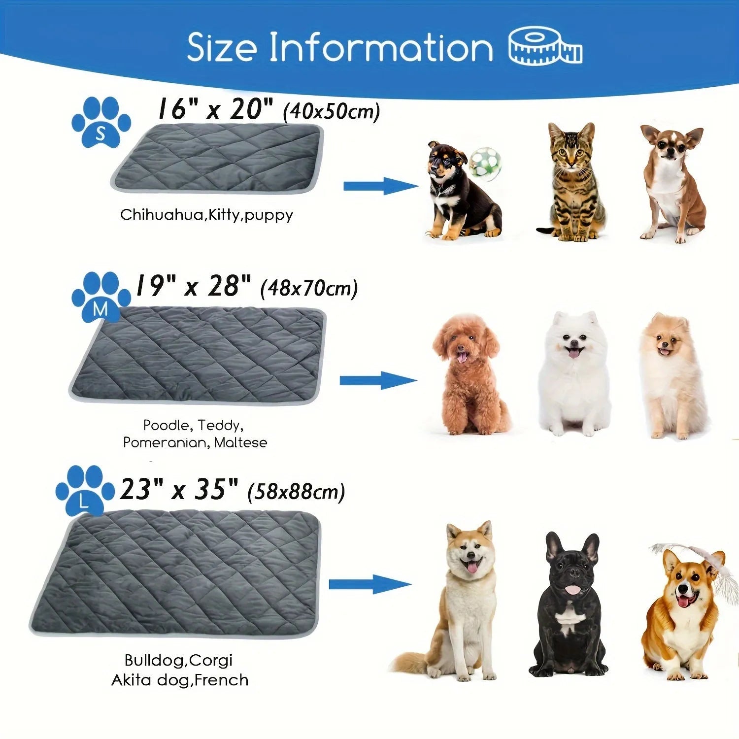 Size information for self-warming cat beds, showing dimensions for small, medium, and large pets with illustrations.