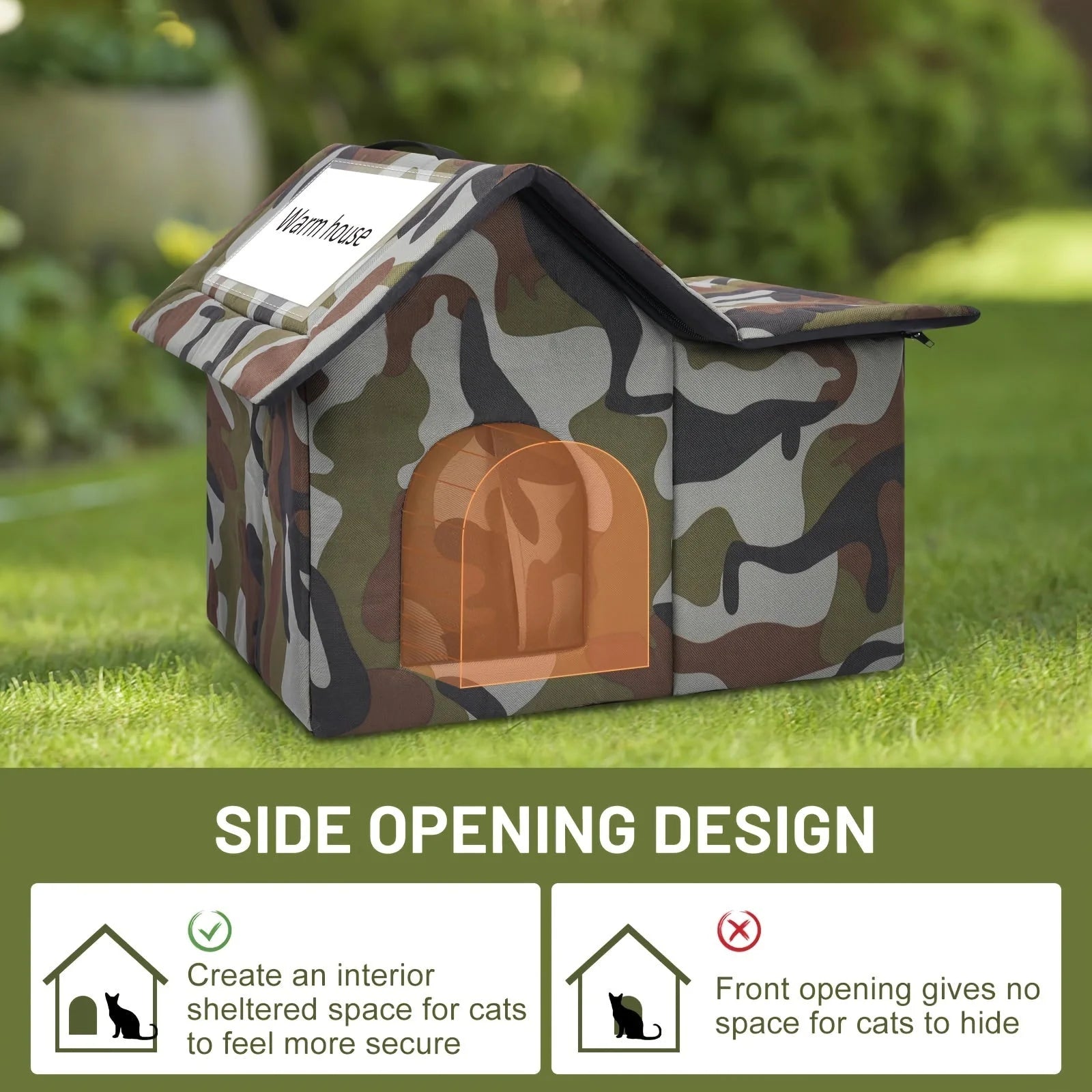 Camouflage side-opening outdoor cat shelter for winter with secure and comfortable interior