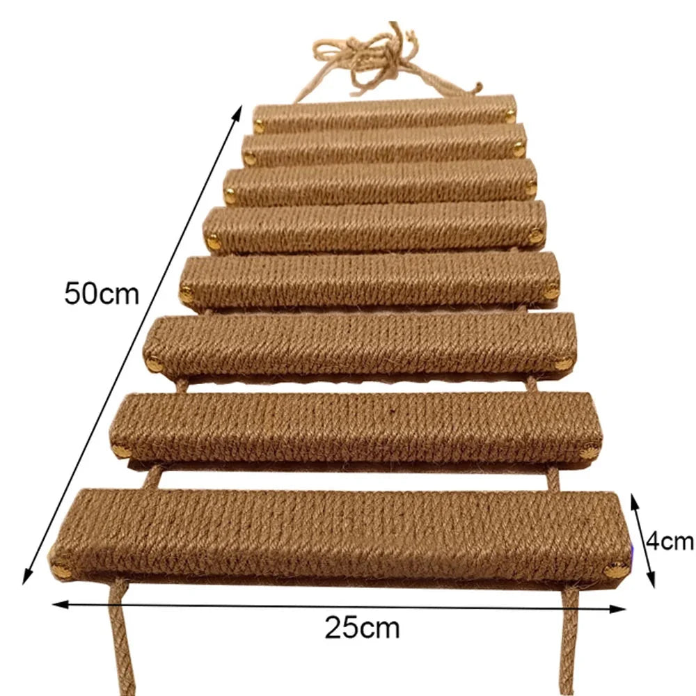 Sisal rope cat climbing ladder with durable wooden steps and hanging design.