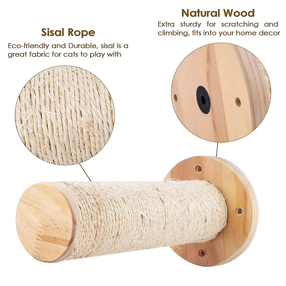 Natural wood and sisal scratching post for cat wall climb setups.