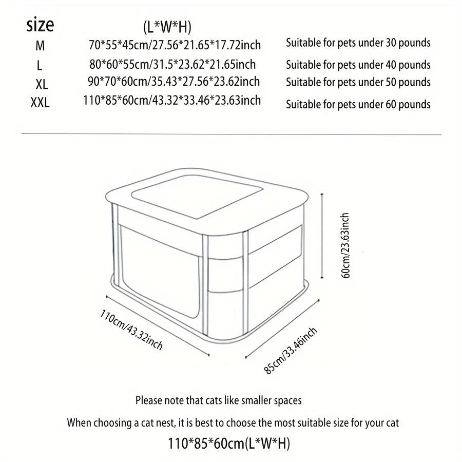 A size chart for a pet enclosure showing measurements in cm and inches for sizes M, L, XL, and XXL, suitable for varying pet weights.