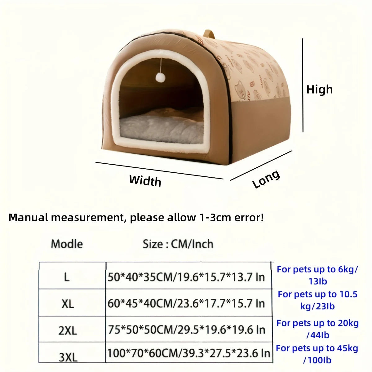 Detailed size chart for heated cat houses, available in multiple dimensions to fit cats of all sizes.