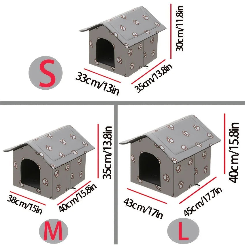 Size guide for an outdoor cat house weatherproof, available for small to medium-sized cats and dogs