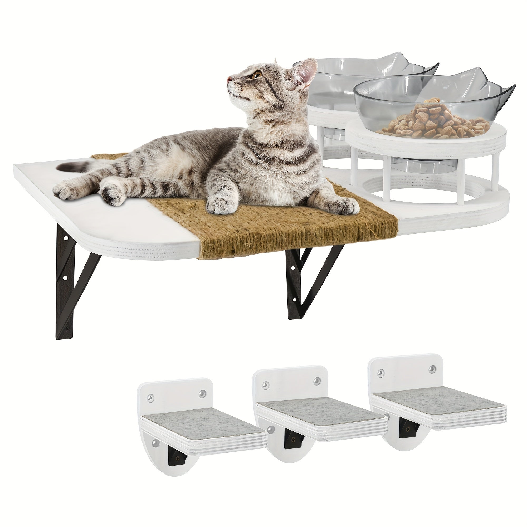 Sleek white cat perch wall mount with a jute mat and dual food bowls for modern cat owners.