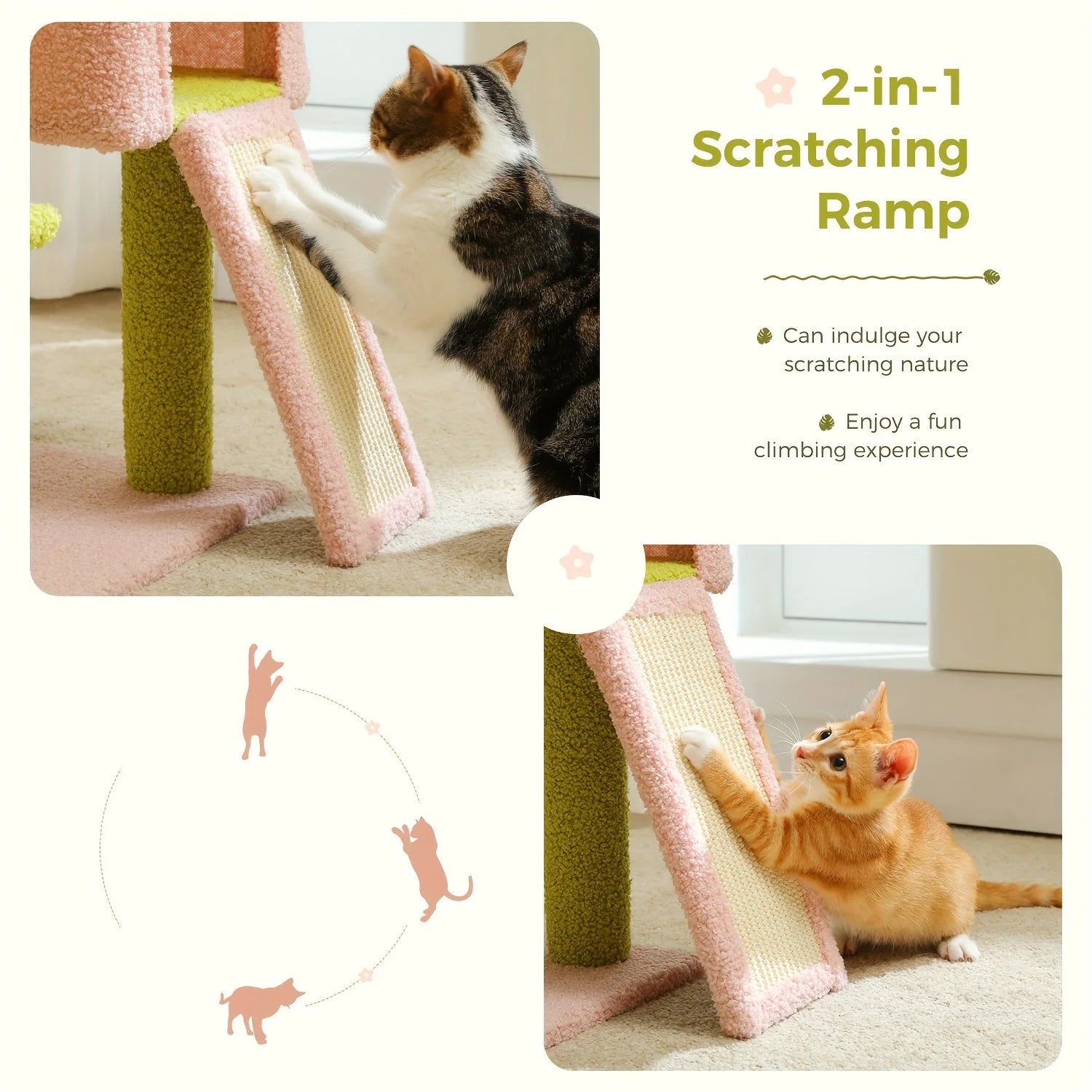 Small cat tree with a 2-in-1 scratching ramp and playful cats demonstrating its use