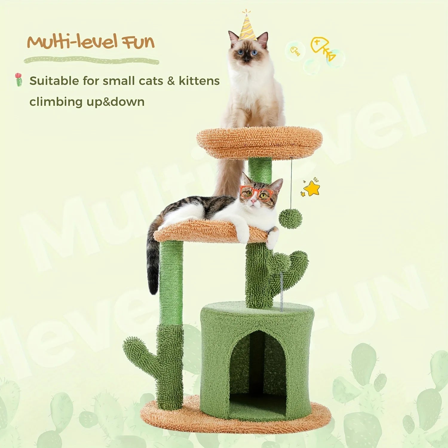 Compact cactus-design cat tree with multi-level platforms and scratching posts, ideal for small cats and kittens.