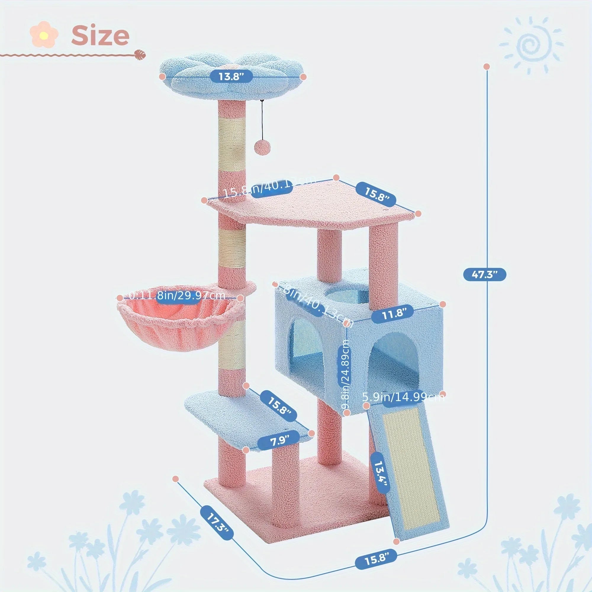 Detailed dimensions guide for a small cat tree in a blue and pink design.