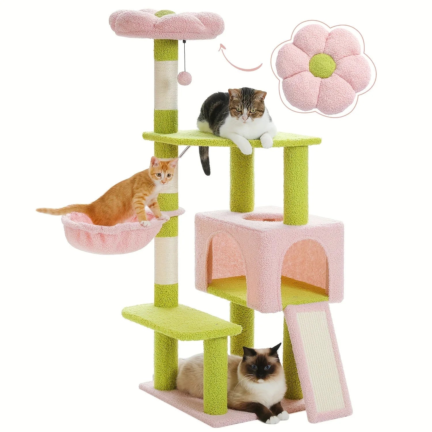 Small cat tree in green and pink placed in a modern living room setting with cats lounging