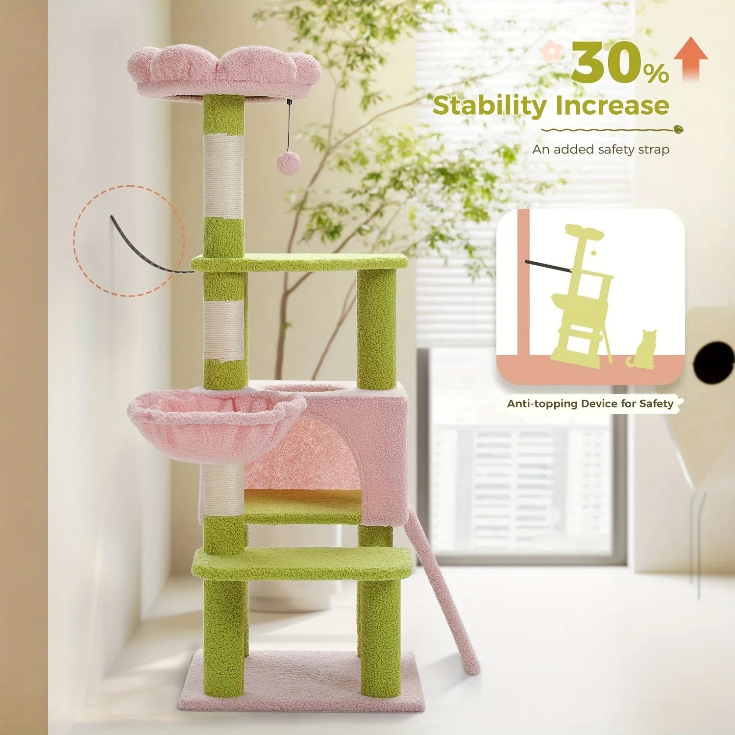 Small cat tree with safety strap for added stability and modern pink and green design