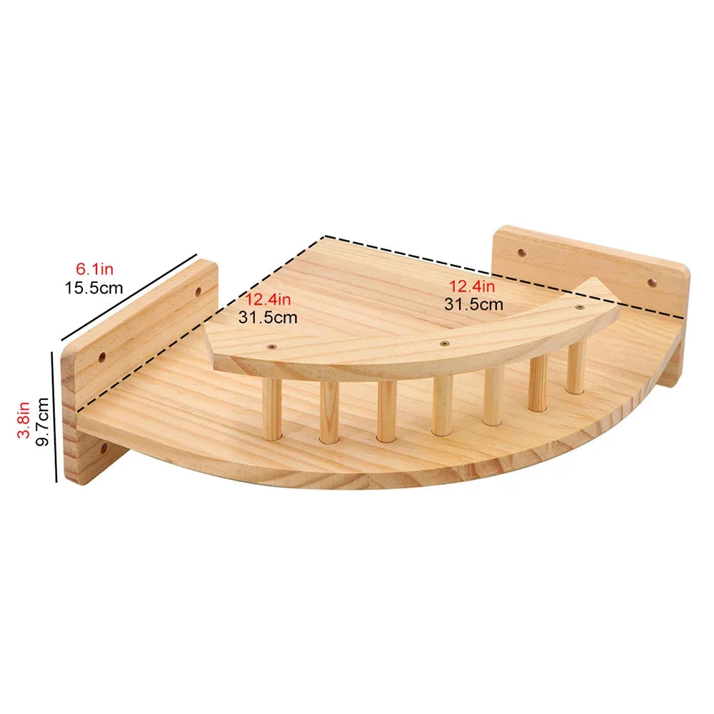 Curved wooden wall shelf for cats with dimensions and sturdy construction.