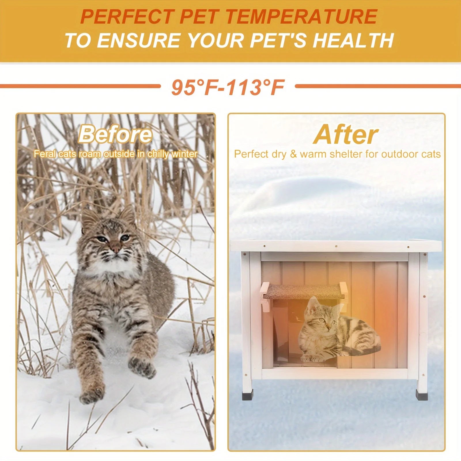 snowproof cat house for winter ensuring perfect temperature between 95°F-113°F