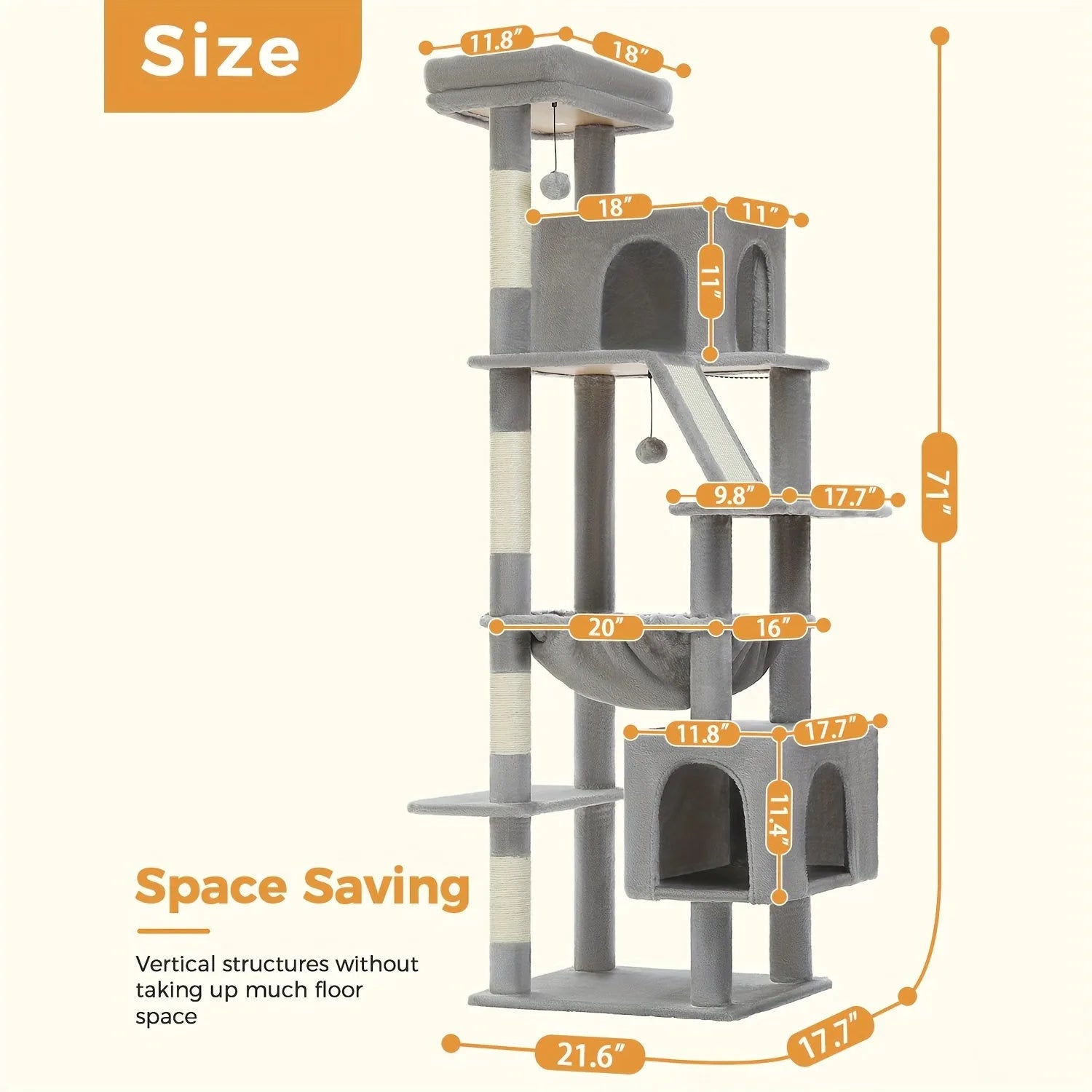 Best cat tree with space-saving design featuring vertical structures and detailed size dimensions for compact placement in small spaces.