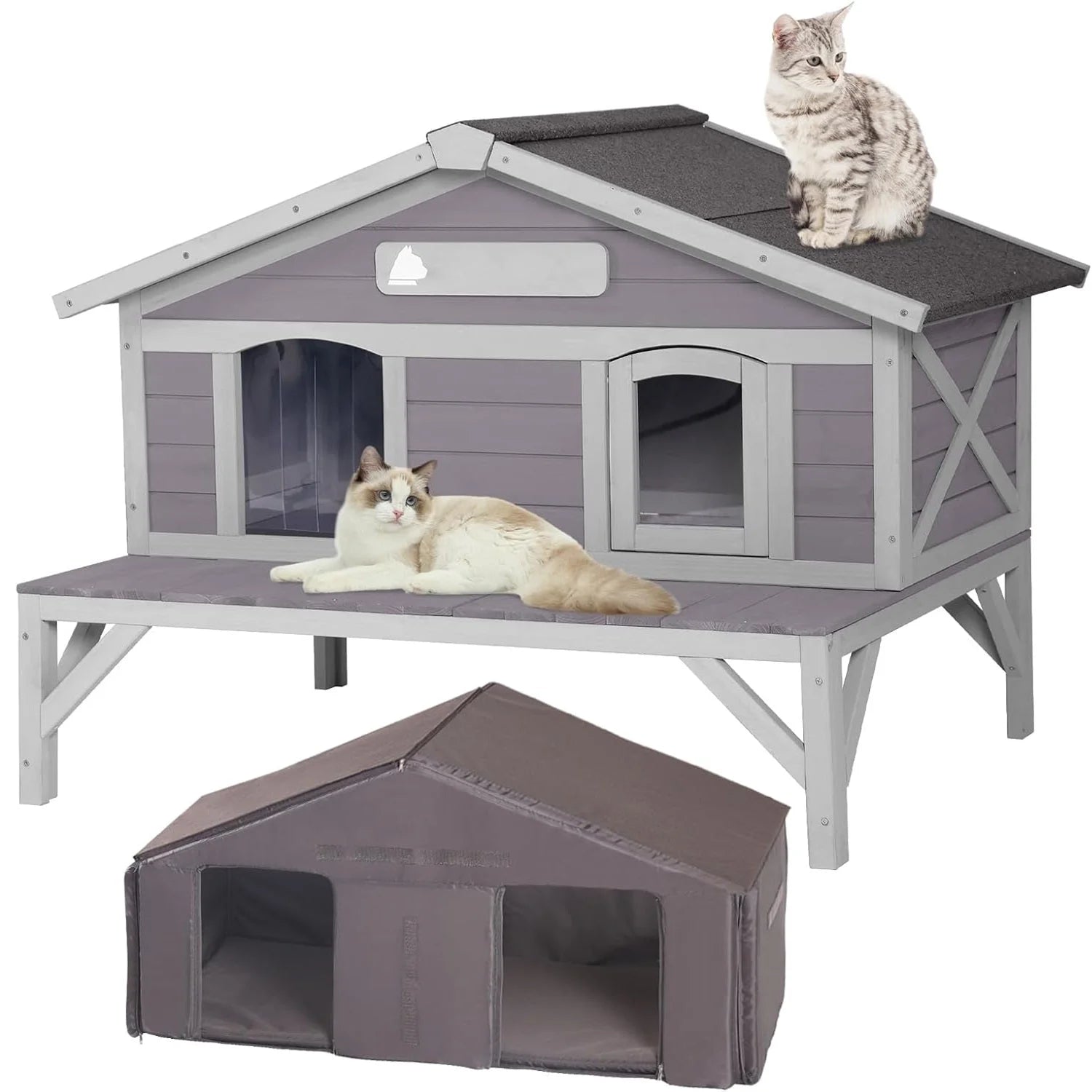 Spacious heated cat house for outdoor cats featuring multiple entrances and a weatherproof design for maximum comfort.