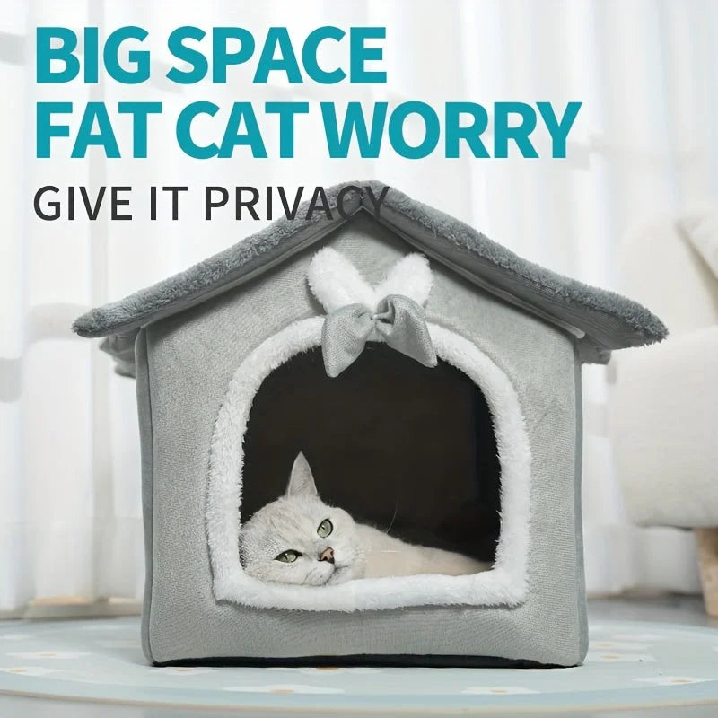 Spacious indoor heated cat house for privacy and comfort with a cat relaxing inside.