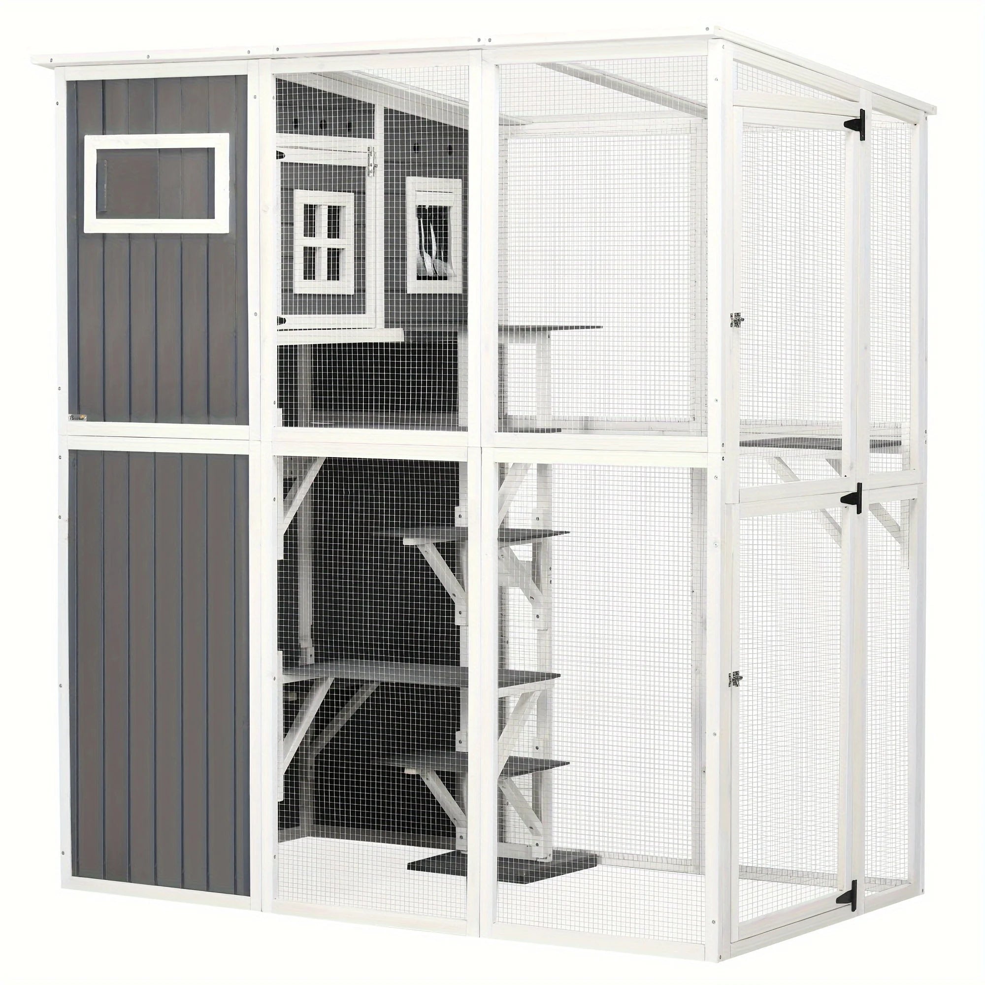 Spacious outdoor cat cage enclosure with multi-level platforms for climbing and resting.