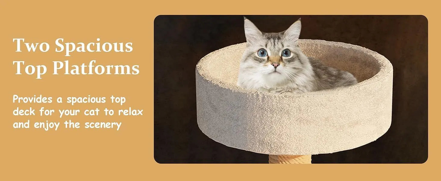 Wooden cat tree with two spacious top platforms for cats to relax and enjoy the scenery."