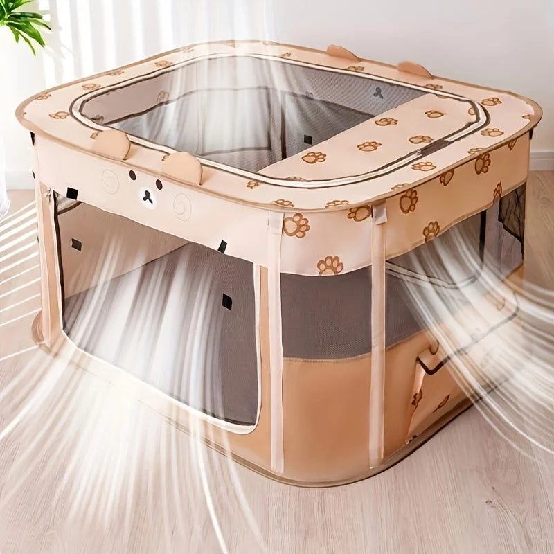 Fully ventilated and spacious cage for cats with a beige and paw print design.