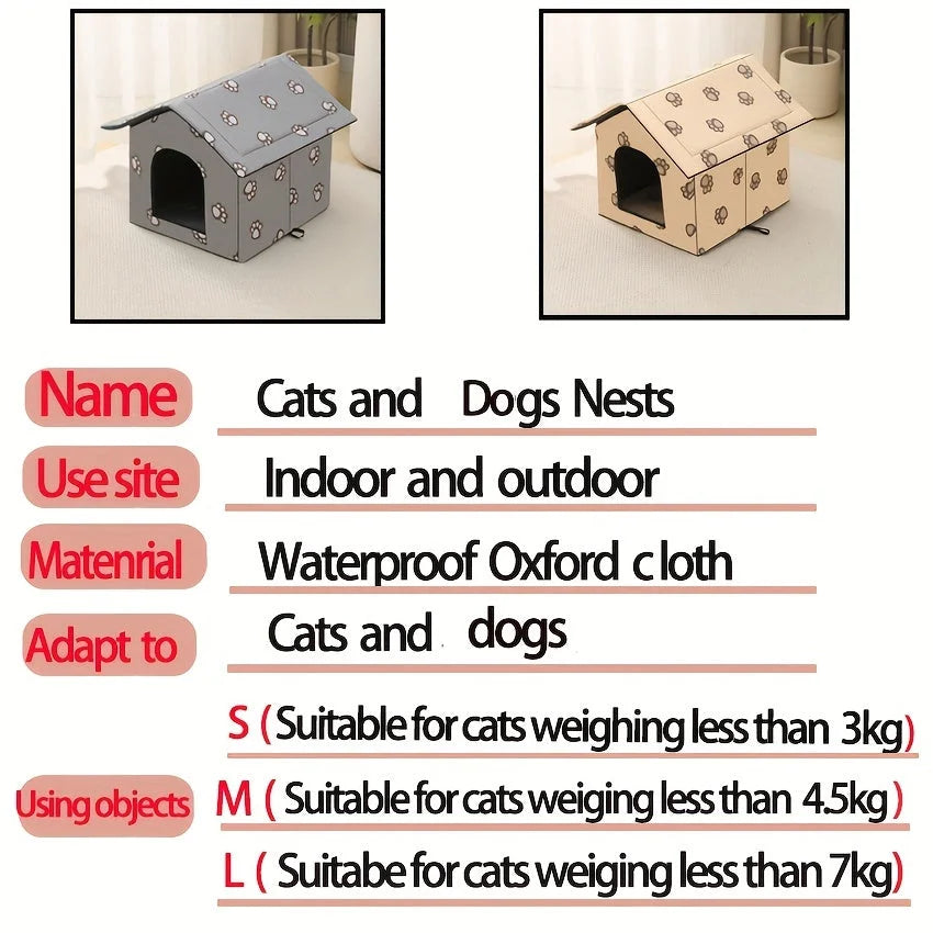 Two images of pet houses made of waterproof Oxford cloth, featuring paw print designs. Suitable for cats and dogs of various weights and outdoor use.