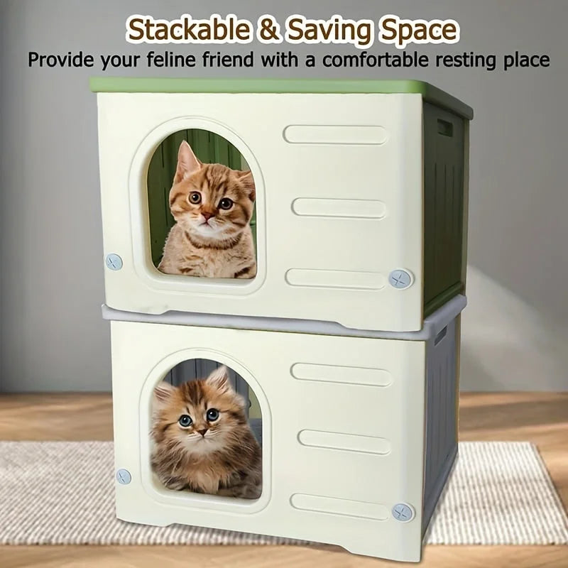 Stackable plastic cat houses providing a comfortable and space-saving resting place for cats