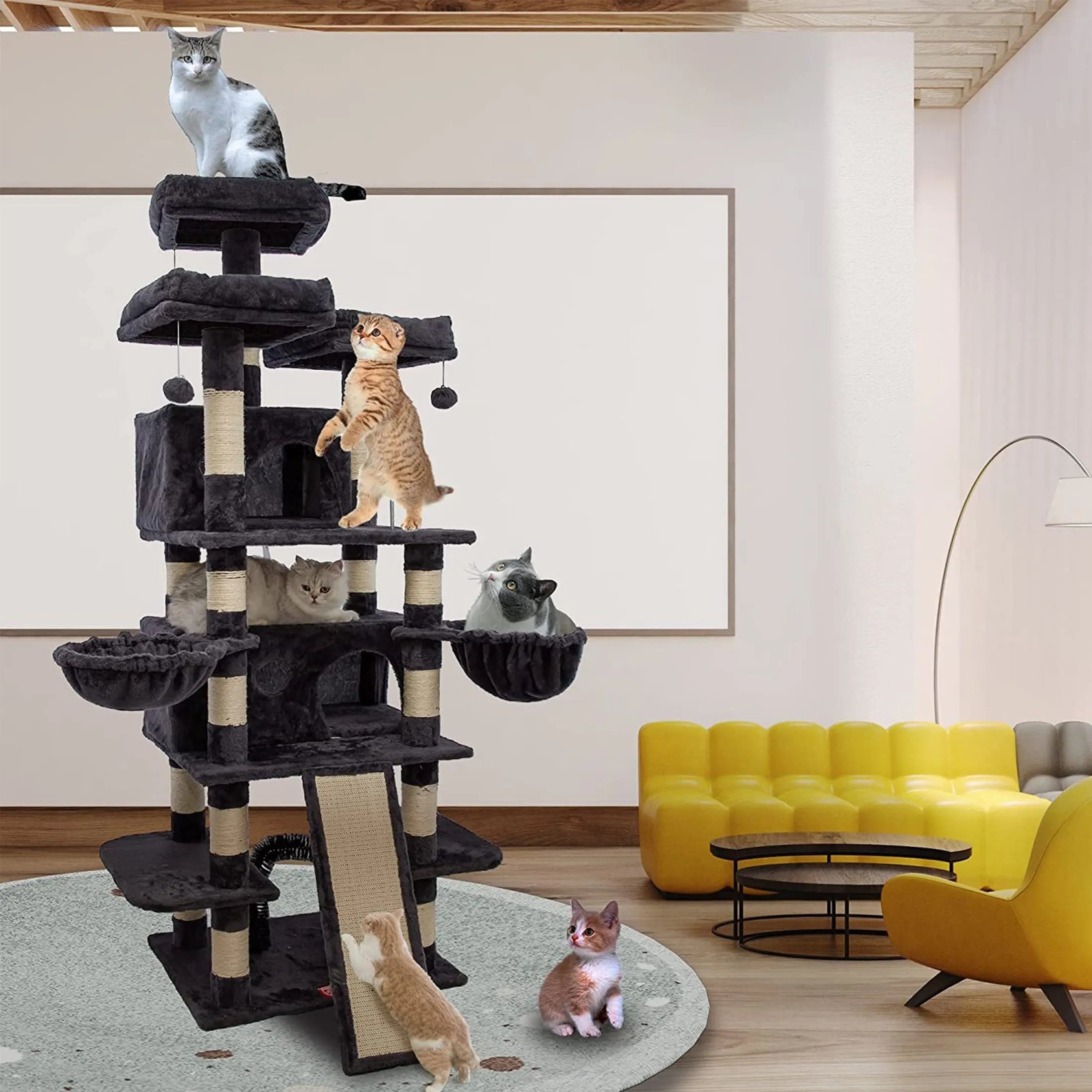 sturdy black cat condo in a stylish living room, featuring multi-level platforms, soft cushions, and scratching posts for playful cats.