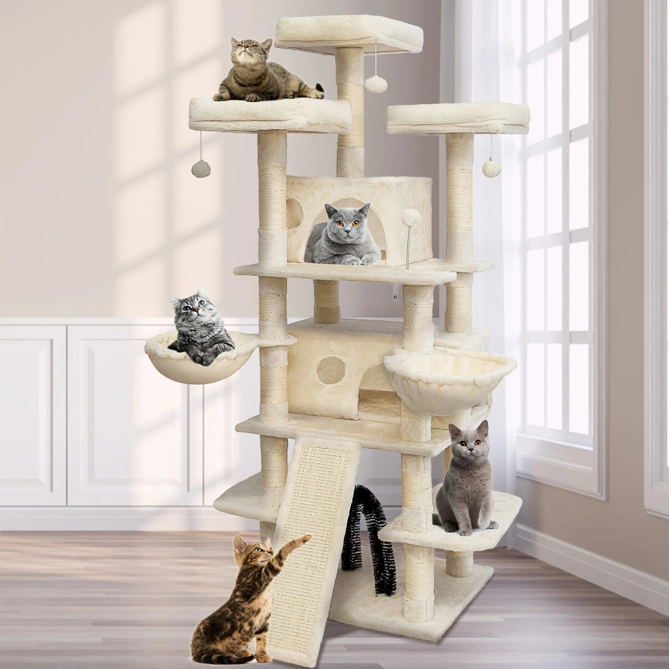 Cream-colored sturdy large cat condo featuring multiple perches, spacious hideouts, and a stable base, ideal for multi-cat households.