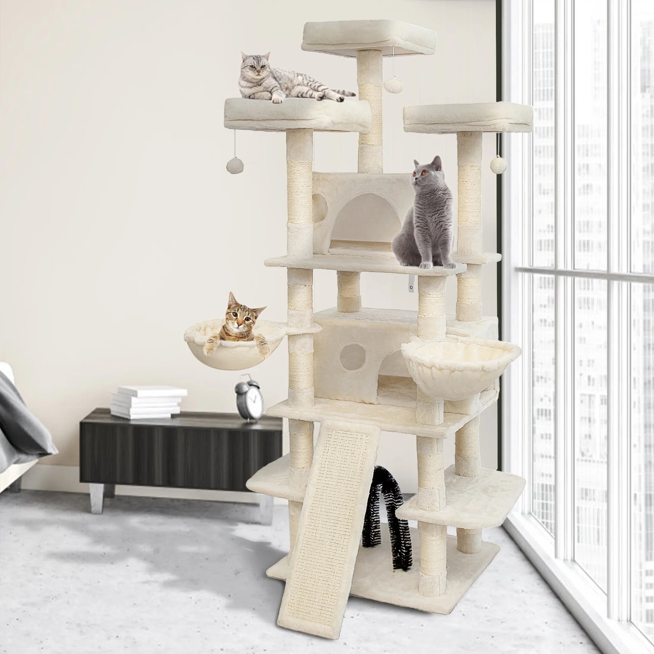 Cream-colored sturdy large cat condo featuring multiple perches, spacious hideouts, and a stable base, ideal for multi-cat households.