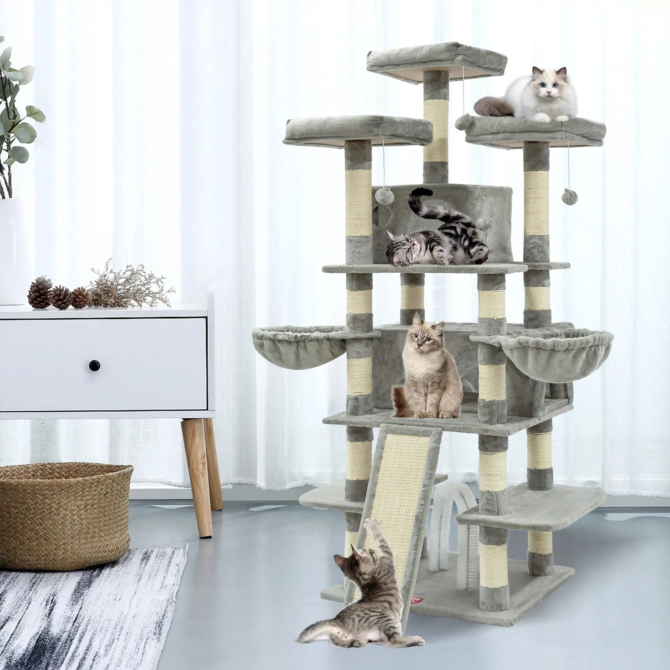 Modern light grey sturdy large cat condo in a bright room, featuring multiple perches, scratching posts, and cozy lounging spots for happy cats.