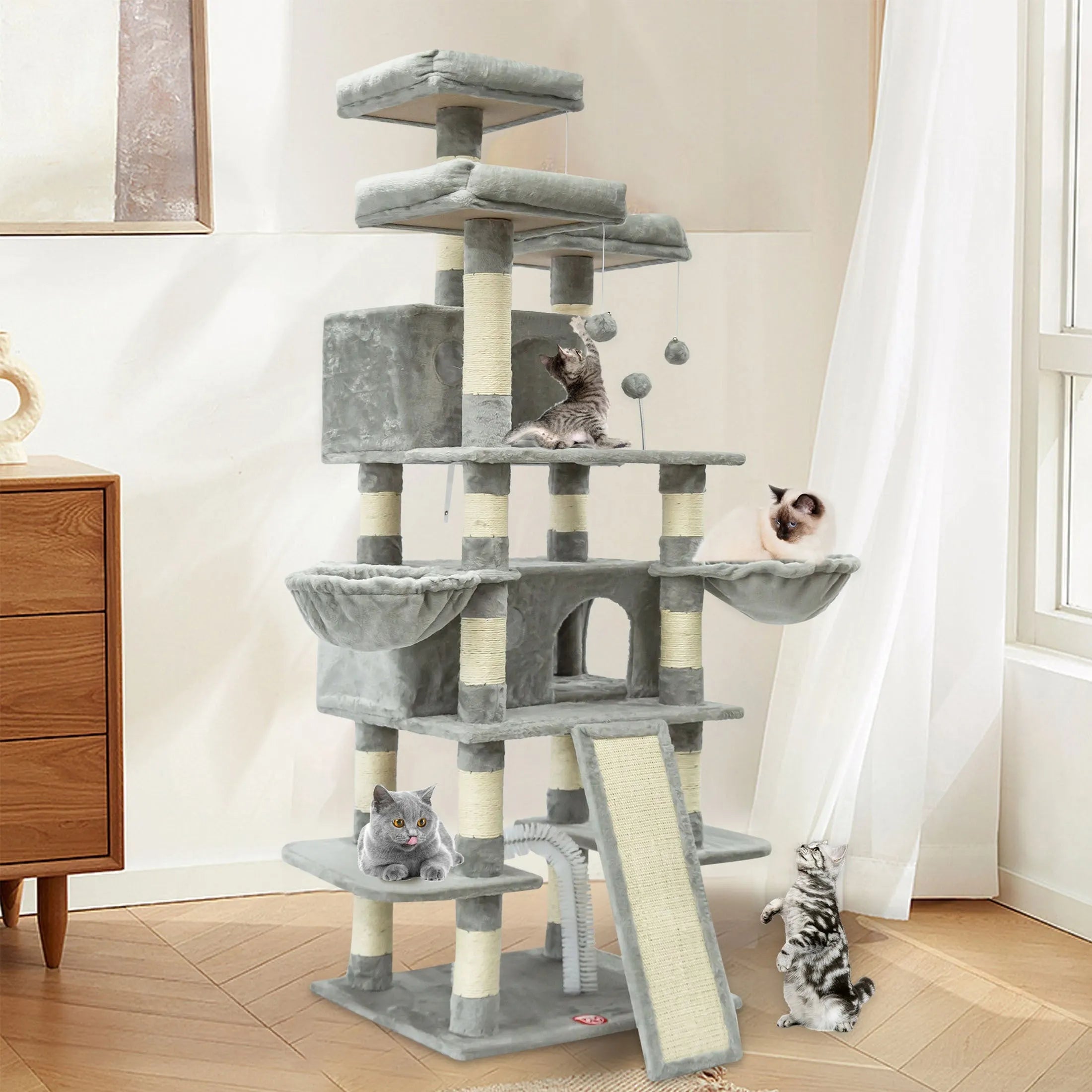 Light grey sturdy large cat condo with multiple platforms, scratching posts, and cozy lounging spots for cats, perfect for active and playful cats.