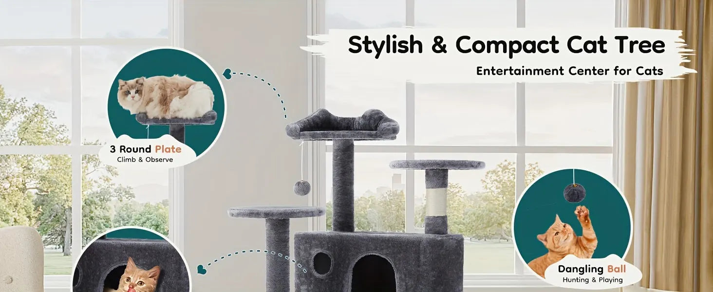 stylish and compact cat tree entertainment center for cats, fitting beautifully near Christmas trees.