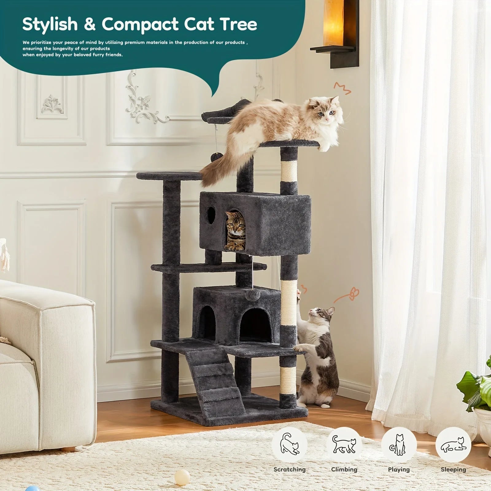 Stylish and compact cat tree entertainment center for cats, fitting beautifully near Christmas trees.