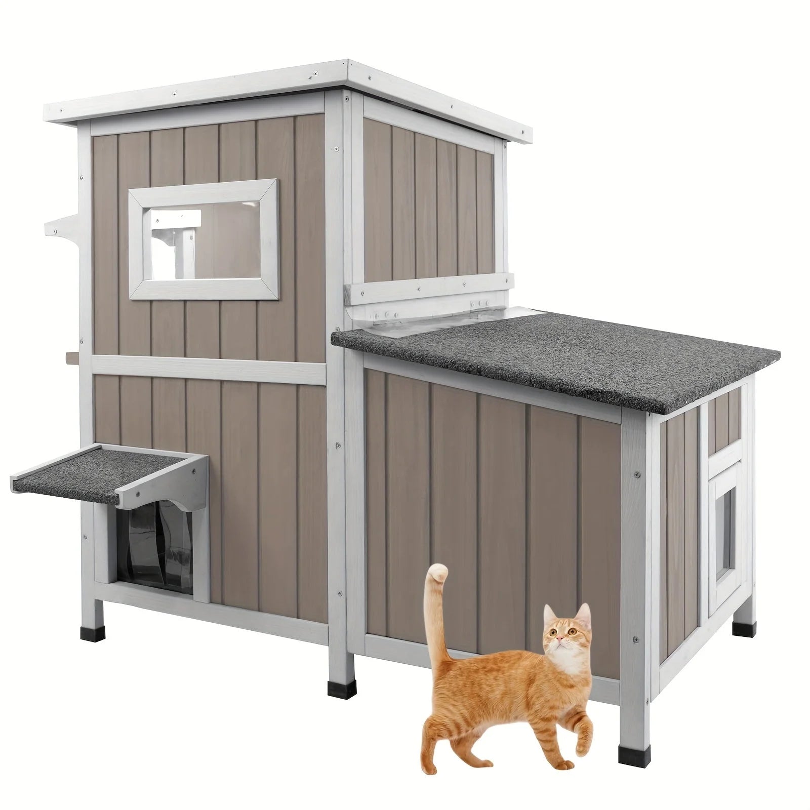 Stylish outdoor cat house for feral cats with durable wooden panels and a cozy design for multiple cats