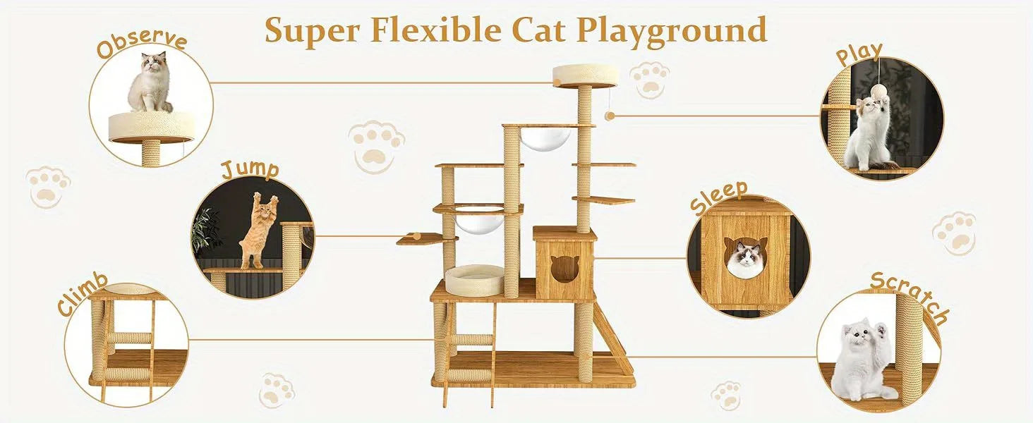 Super flexible wooden cat playground with sections for observing, jumping, sleeping, playing, scratching, and climbing."